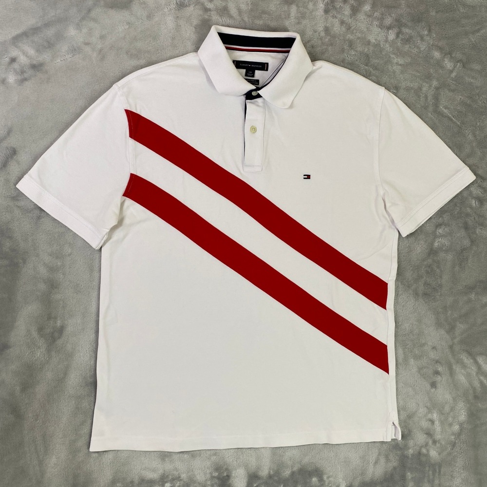 Tommy Hilfiger Polo Shirt Men LG White Red Diagonal Stripe Regular Fit Stretch